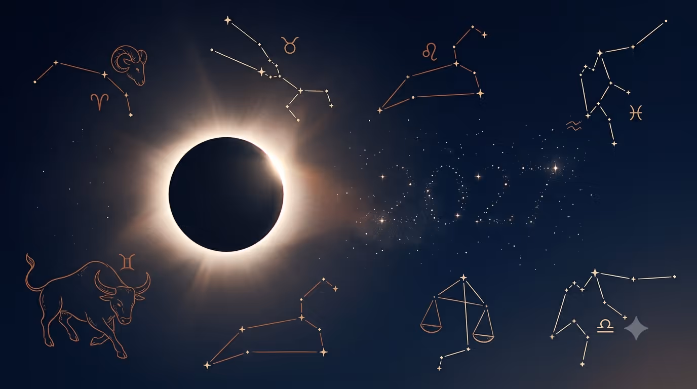 A total solar eclipse with a glowing corona over a midnight-navy sky, ringed by terracotta zodiac constellations and the year 2027 traced in stars