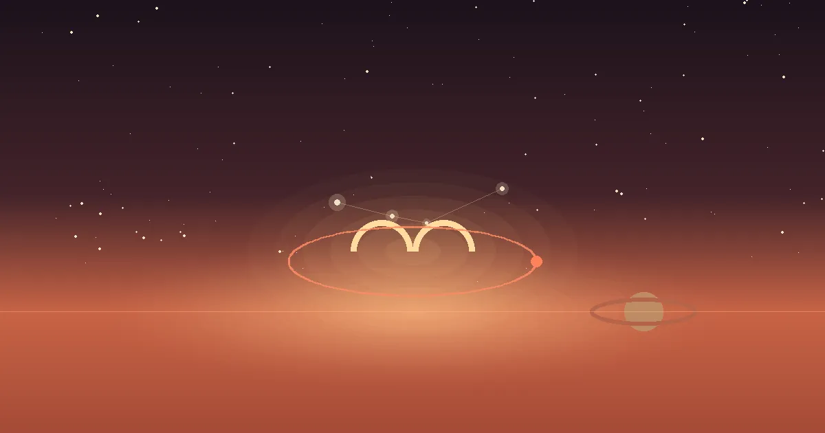 A bright terracotta horizon at sunrise with the Aries ram constellation rising — a clean gold Aries glyph low in the sky, a sharp Mars orbit threading through it, and a heavy terracotta Saturn ring lowering toward the ascendant line — illustrating Aries rising as the natural-chart Ascendant under Saturn's 2026 return to its own 1st house