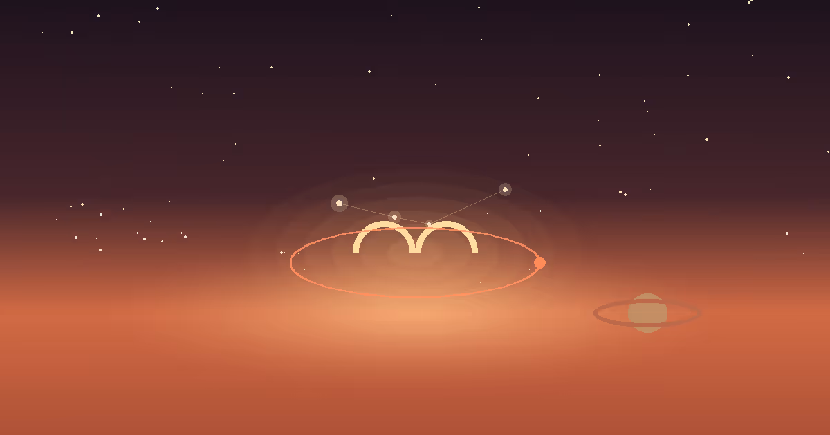 A bright terracotta horizon at sunrise with the Aries ram constellation rising — a clean gold Aries glyph low in the sky, a sharp Mars orbit threading through it, and a heavy terracotta Saturn ring lowering toward the ascendant line — illustrating Aries rising as the natural-chart Ascendant under Saturn's 2026 return to its own 1st house