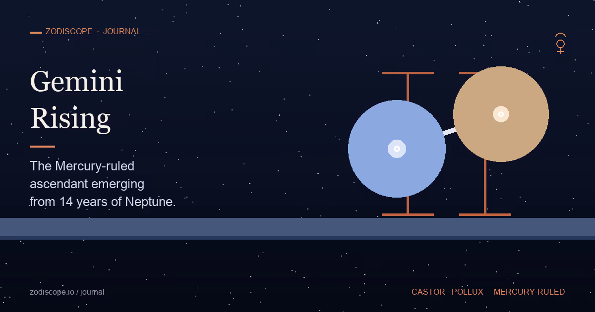 A pale dawn horizon with the Gemini constellation rising — twin star points connected by a luminous thread, the Gemini glyph traced in translucent terracotta against a deep navy sky, illustrating the meaning of a Gemini rising sign