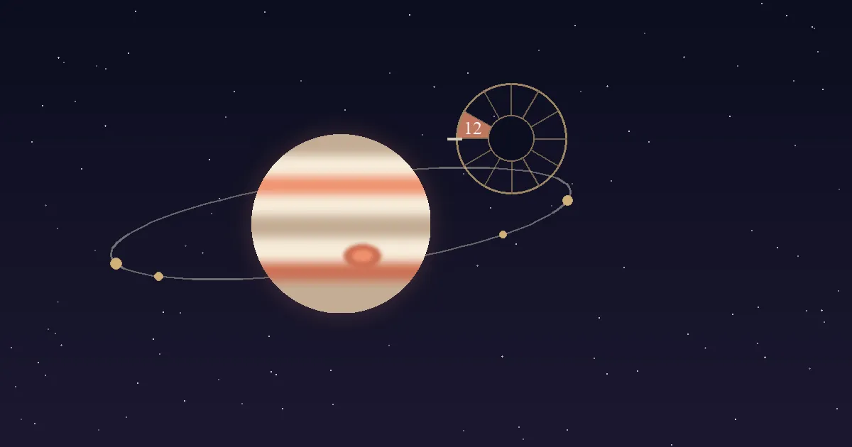 A banded cream-and-terracotta Jupiter with its Great Red Spot beside a gold twelve-sector chart wheel with the 12th house wedge highlighted, on a navy starfield