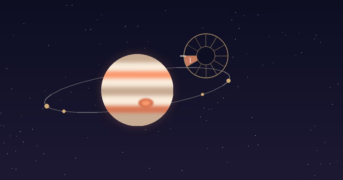 A banded Jupiter disc beside a gold twelve-sector chart wheel with the 1st house wedge highlighted, on a navy starfield