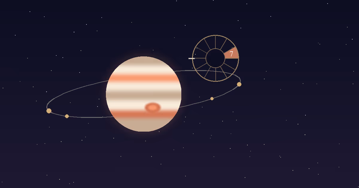A banded Jupiter disc beside a gold twelve-sector chart wheel with the 7th house wedge highlighted, on a navy starfield