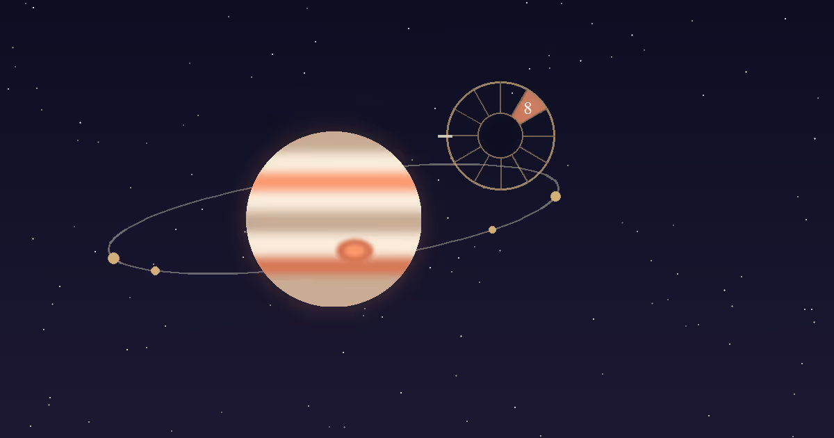 A banded Jupiter disc beside a gold twelve-sector chart wheel with the 8th house wedge highlighted, on a navy starfield
