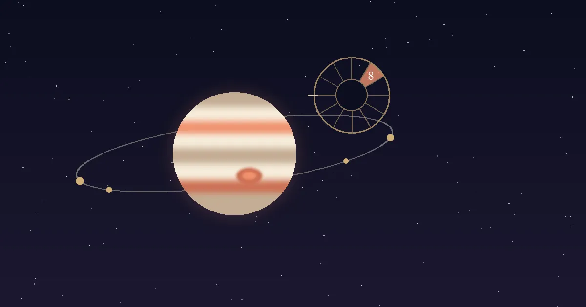 A banded cream-and-terracotta Jupiter with its Great Red Spot beside a gold twelve-sector chart wheel with the 8th house wedge highlighted, on a navy starfield