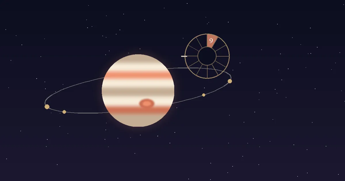 A banded cream-and-terracotta Jupiter with its Great Red Spot beside a gold twelve-sector chart wheel with the 9th house wedge highlighted, on a navy starfield