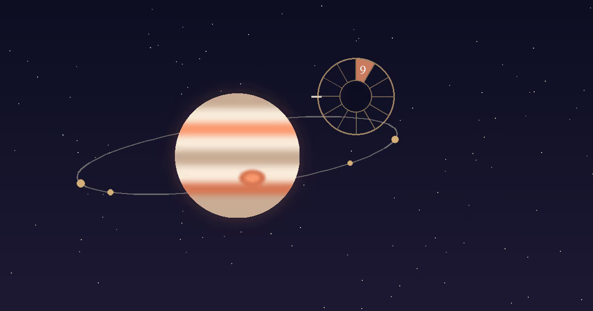 A banded Jupiter disc beside a gold twelve-sector chart wheel with the 9th house wedge highlighted, on a navy starfield