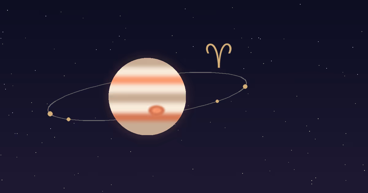 A banded Jupiter disc with gold moons and a gold Aries glyph on a navy starfield