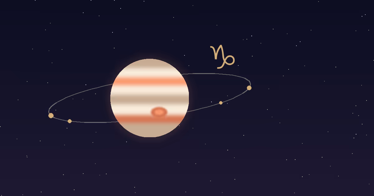 A banded Jupiter disc with gold moons and a gold Capricorn glyph on a navy starfield