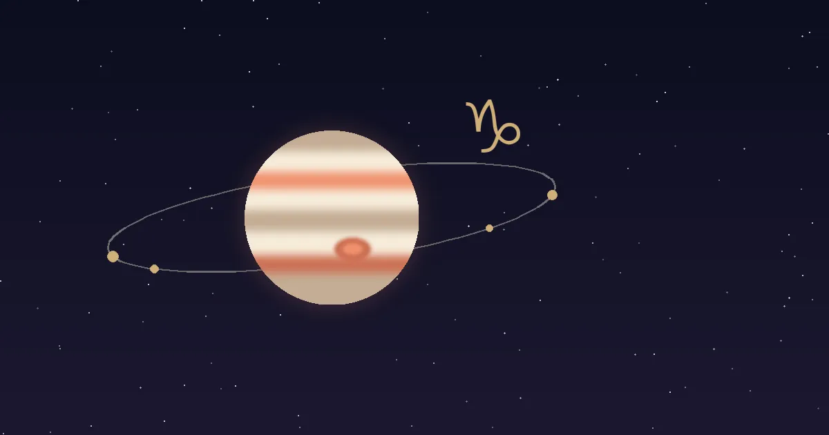 A gold Jupiter glyph resting on stone steps beneath a terracotta Capricorn glyph, a climbing line ascending a navy starfield