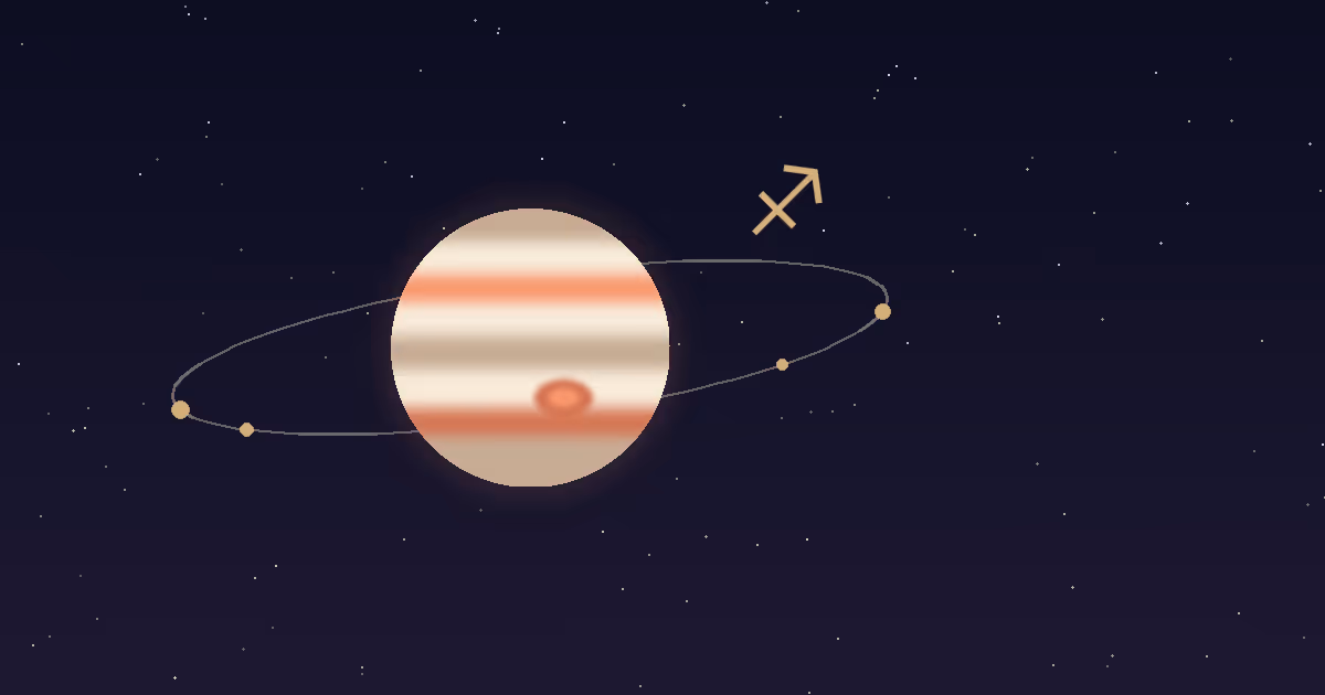 A banded Jupiter disc with gold moons and a gold Sagittarius glyph on a navy starfield