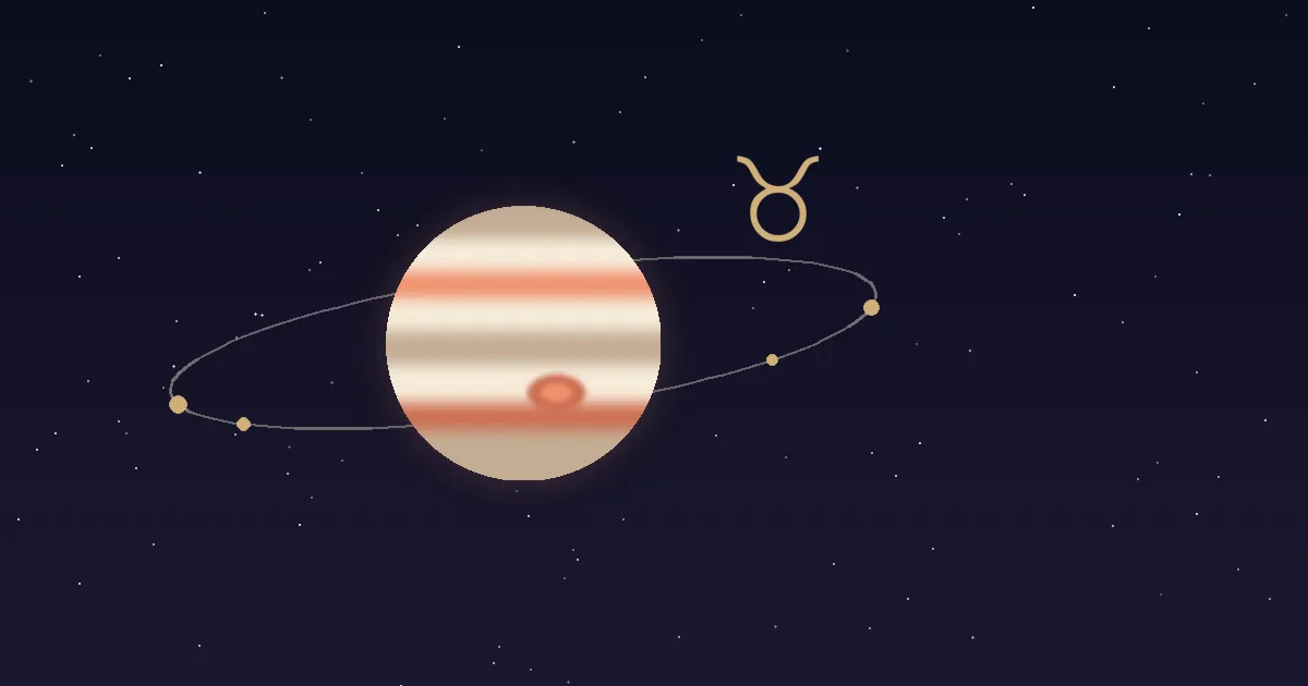 A banded cream-and-terracotta Jupiter with its Great Red Spot, circled by a moon-dotted orbit line, a gold Taurus bull glyph above it on a navy starfield