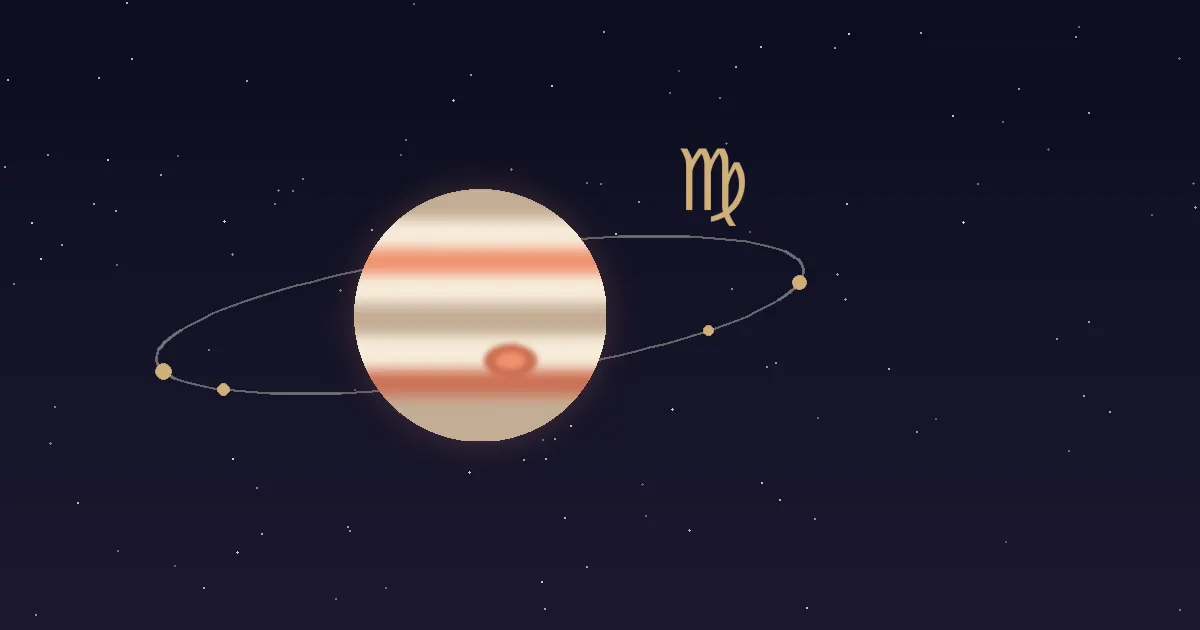 A banded cream-and-terracotta Jupiter with its Great Red Spot, small gold moons on a grey orbital line, and a gold Virgo glyph above it on a navy starfield