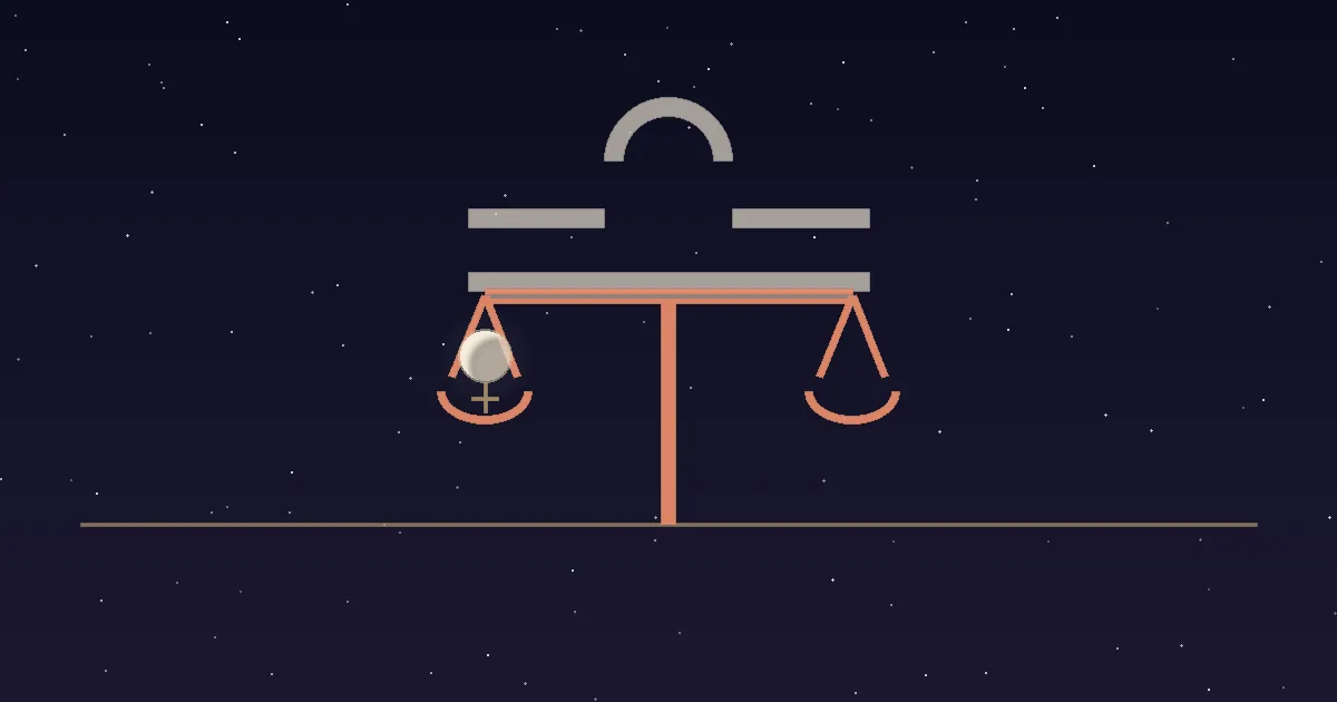 A balanced terracotta scale-beam resting on the eastern horizon line of a navy starfield, one pan holding a small warm Venus disc, with a cream Libra glyph rising behind the balance point — illustrating the Libra rising ascendant and its Venus chart ruler