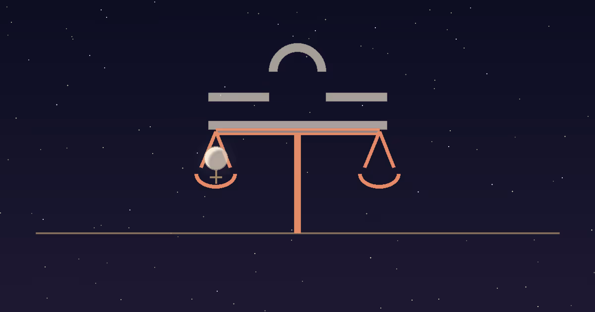 A balanced terracotta scale-beam resting on the eastern horizon line of a navy starfield, one pan holding a small warm Venus disc, with a cream Libra glyph rising behind the balance point, illustrating the Libra rising ascendant