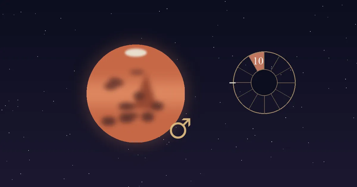 A rust-red Mars disc with dark albedo markings and a gold Mars glyph beside a gold twelve-sector chart wheel whose 10th house wedge is filled terracotta and numbered, on a deep navy starfield