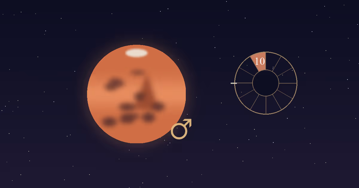A rust-red Mars disc with a gold Mars glyph beside a gold twelve-sector chart wheel with the 10th house wedge highlighted terracotta, on a navy starfield