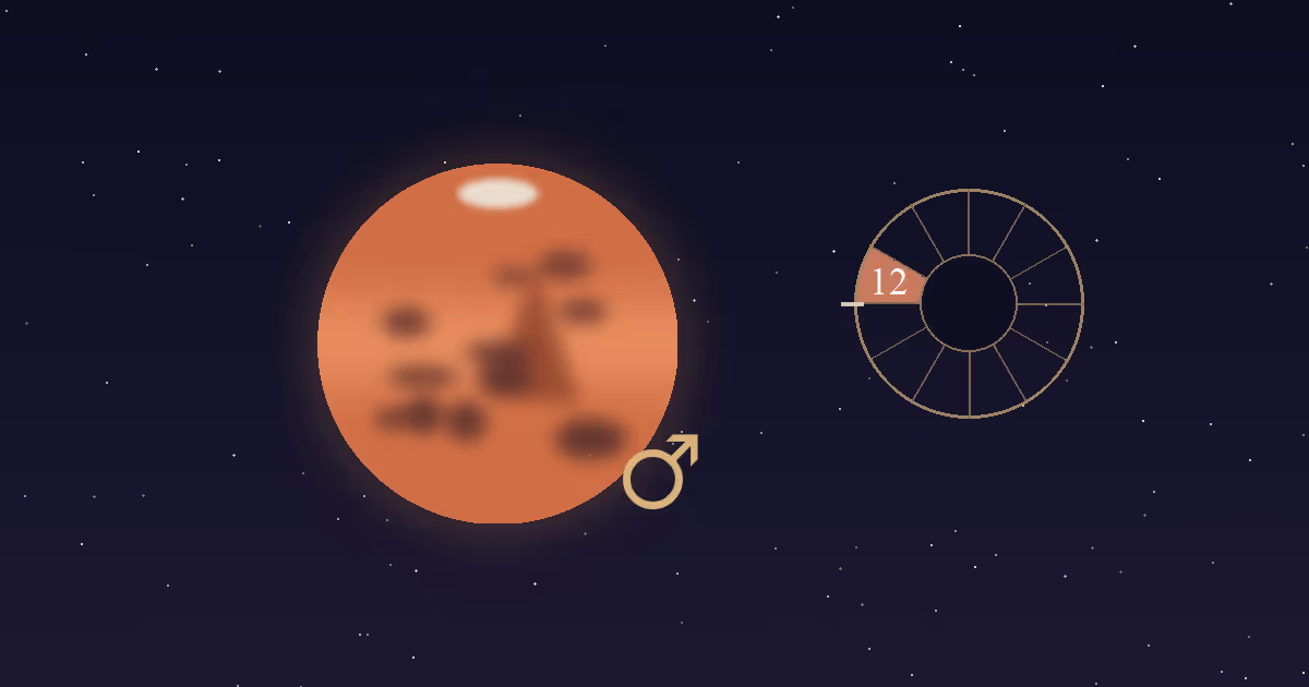 A rust-red Mars disc with a gold Mars glyph beside a gold twelve-sector chart wheel with the 12th house wedge highlighted terracotta, on a navy starfield