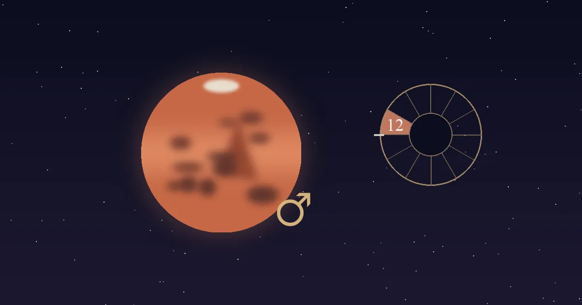 A rust-red Mars disc with a gold Mars glyph beside a gold twelve-sector chart wheel whose 12th house wedge is filled terracotta and numbered, on a deep navy starfield