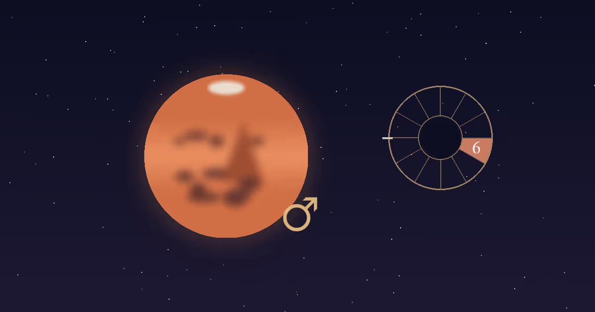 A rust-red Mars disc with a gold Mars glyph beside a gold twelve-sector chart wheel with the 6th house wedge highlighted terracotta, on a navy starfield