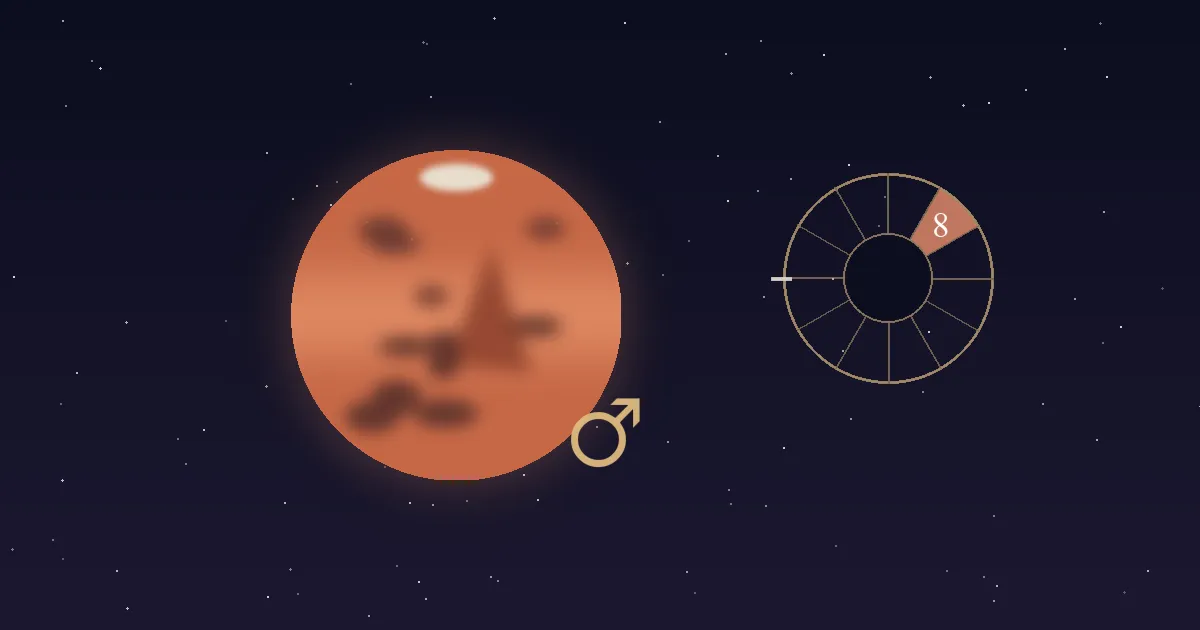 A rust-red Mars disc with a gold Mars glyph beside a gold twelve-sector chart wheel whose 8th house wedge is filled terracotta and numbered, on a deep navy starfield