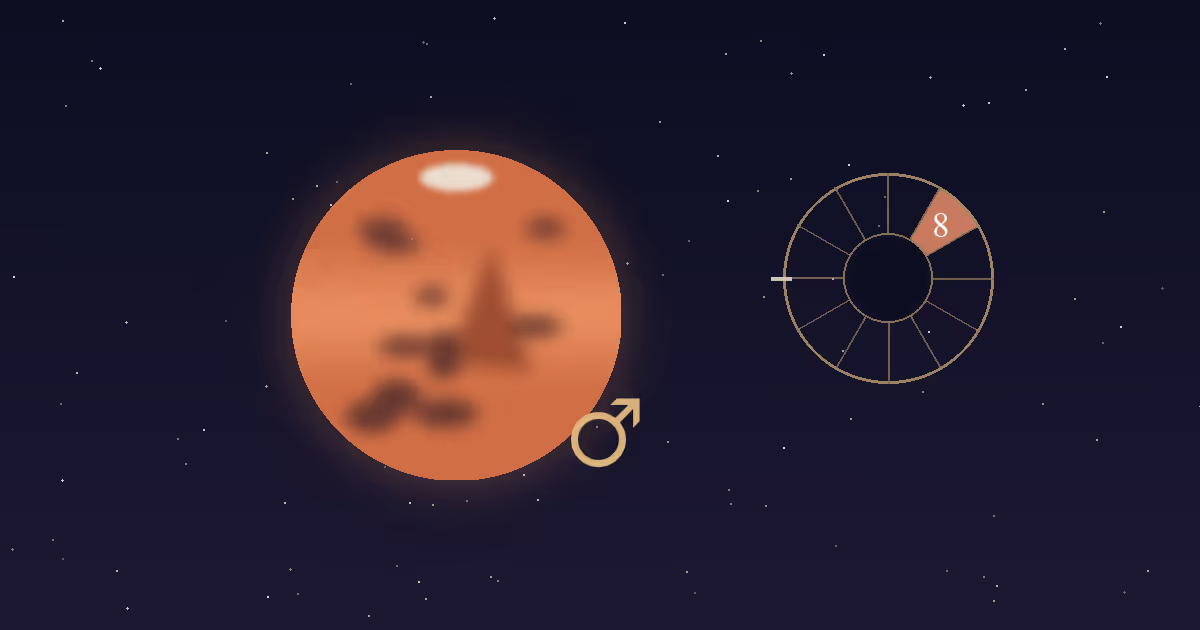 A rust-red Mars disc with a gold Mars glyph beside a gold twelve-sector chart wheel with the 8th house wedge highlighted terracotta, on a navy starfield