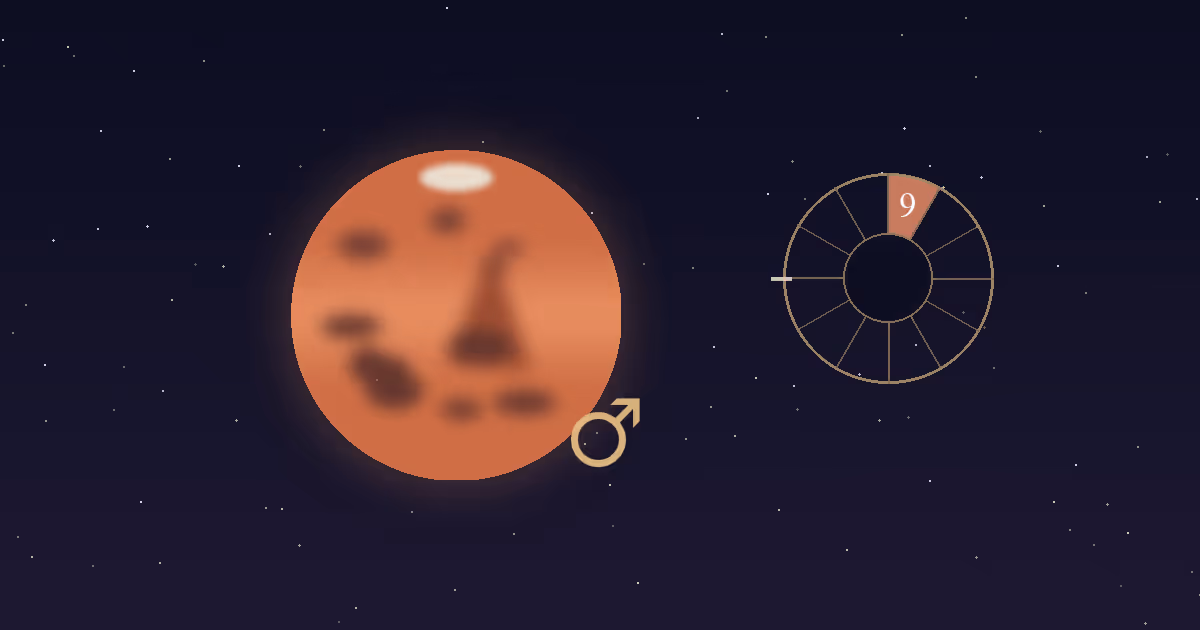 A rust-red Mars disc with a gold Mars glyph beside a gold twelve-sector chart wheel with the 9th house wedge highlighted terracotta, on a navy starfield