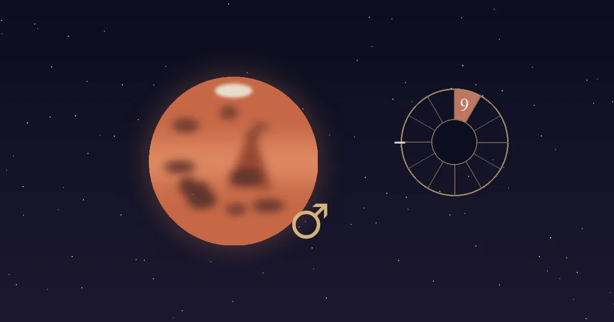 A rust-red Mars disc with dark markings and a gold Mars glyph beside a gold twelve-sector chart wheel whose 9th house wedge is filled terracotta and numbered, on a deep navy starfield