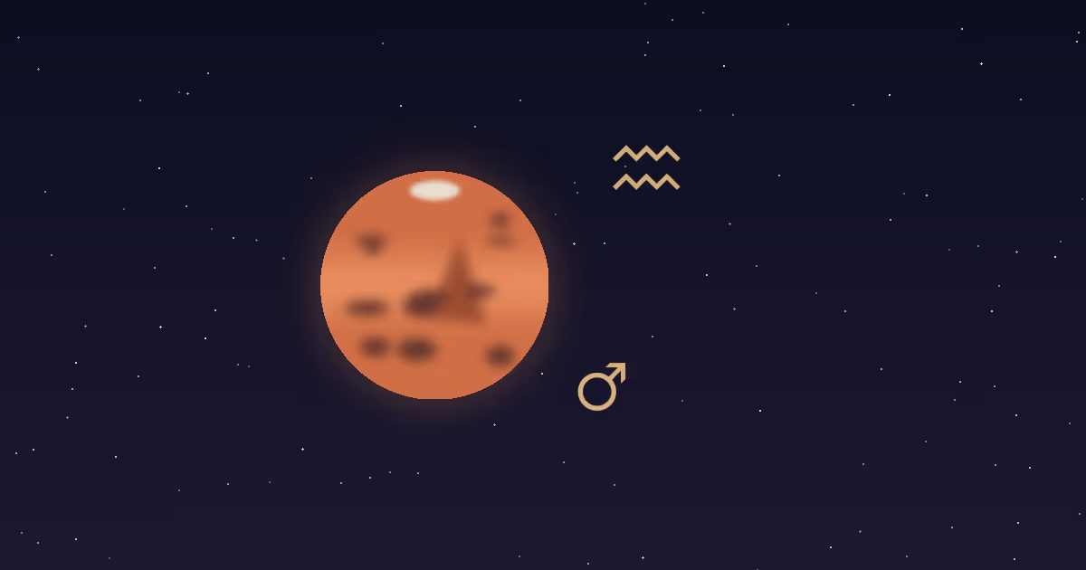 A rust-red Mars disc with darker markings and a small cream polar cap, a gold Mars glyph at its lower right and the gold Aquarius zodiac glyph at upper right, on a navy starfield