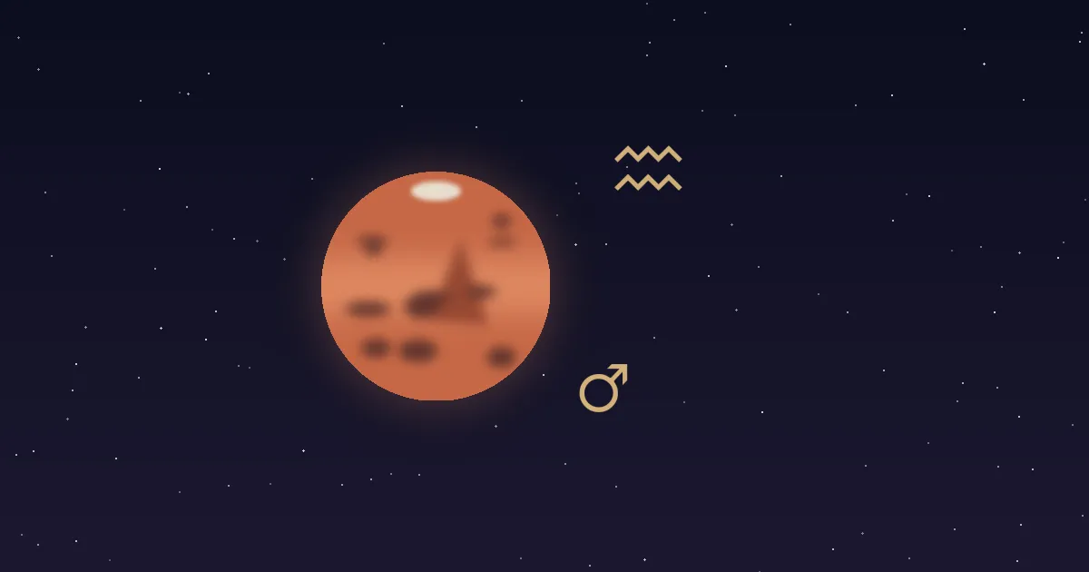 A rust-red Mars disc with darker markings and a small cream polar cap, a gold Mars glyph at its lower right and the gold Aquarius water-bearer glyph at upper right, on a deep navy starfield