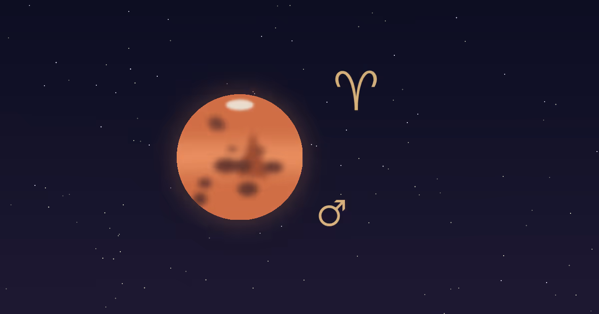 A rust-red Mars disc with darker markings and a small cream polar cap, a gold Mars glyph at its lower right and the gold Aries zodiac glyph at upper right, on a navy starfield