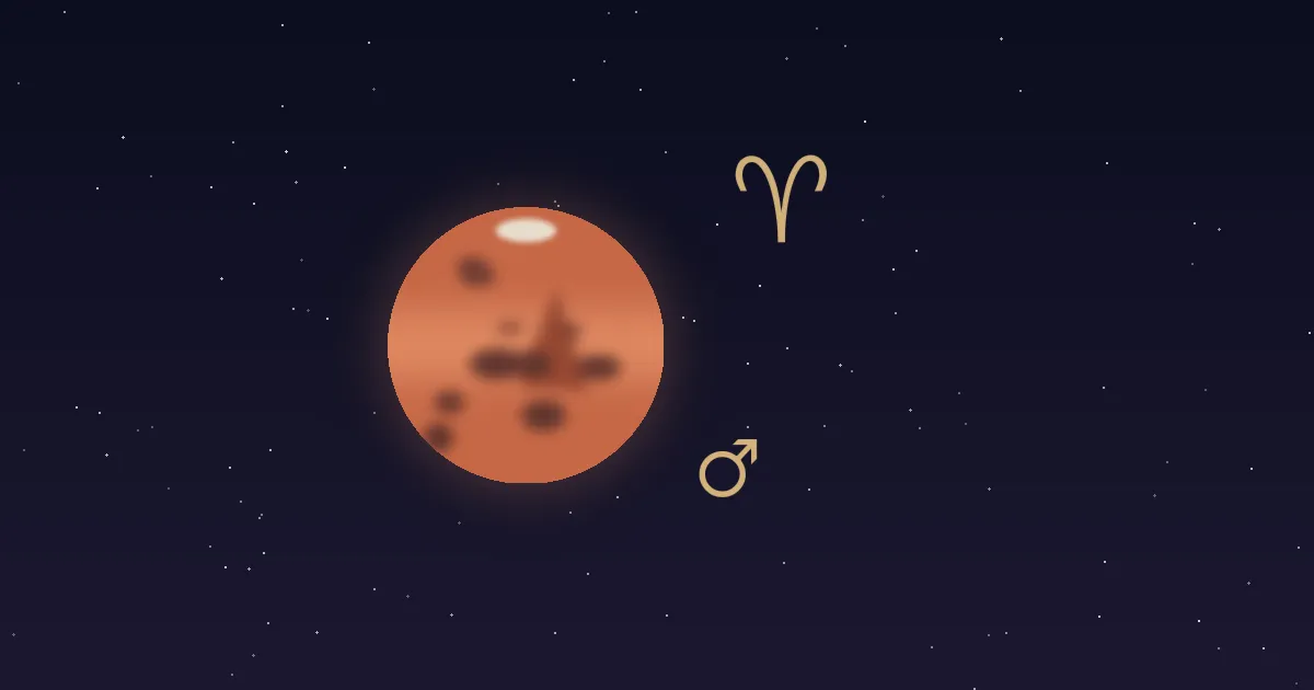 A rust-red Mars disc with darker markings and a small cream polar cap, a gold Mars glyph at its lower right and the gold Aries zodiac glyph at upper right, on a deep navy starfield