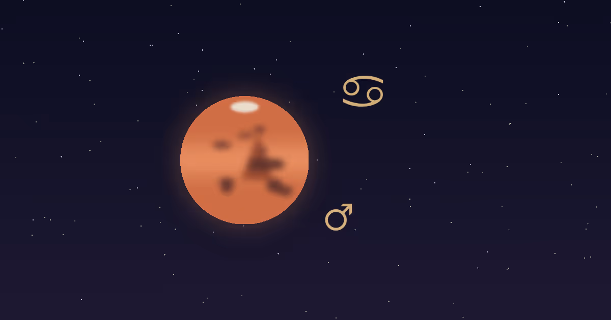 A rust-red Mars disc with darker markings and a small cream polar cap, a gold Mars glyph at its lower right and the gold Cancer zodiac glyph at upper right, on a navy starfield