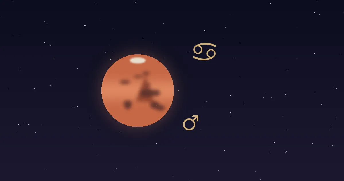 A rust-red Mars disc with darker markings and a small cream polar cap, a gold Mars glyph at its lower right and the gold Cancer zodiac glyph at upper right, on a deep navy starfield