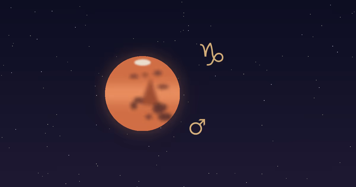 A rust-red Mars disc with darker markings and a small cream polar cap, a gold Mars glyph at its lower right and the gold Capricorn zodiac glyph at upper right, on a navy starfield