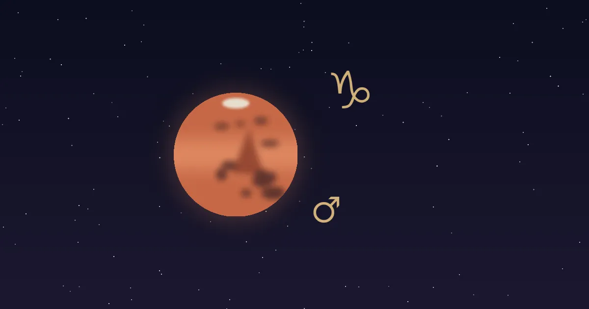 A rust-red Mars disc with darker markings and a small cream polar cap, a gold Mars glyph at its lower right and the gold Capricorn zodiac glyph at upper right, on a deep navy starfield