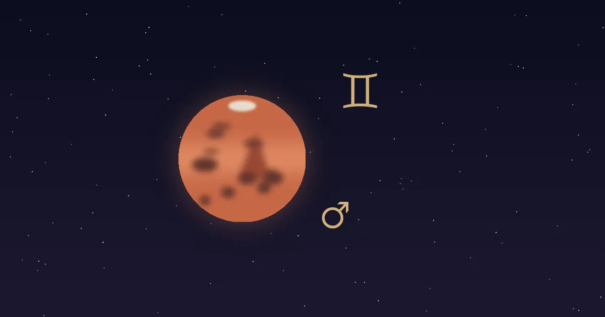 A rust-red Mars disc with darker markings and a small cream polar cap, a gold Mars glyph at its lower right and the gold Gemini twins glyph at upper right, on a deep navy starfield