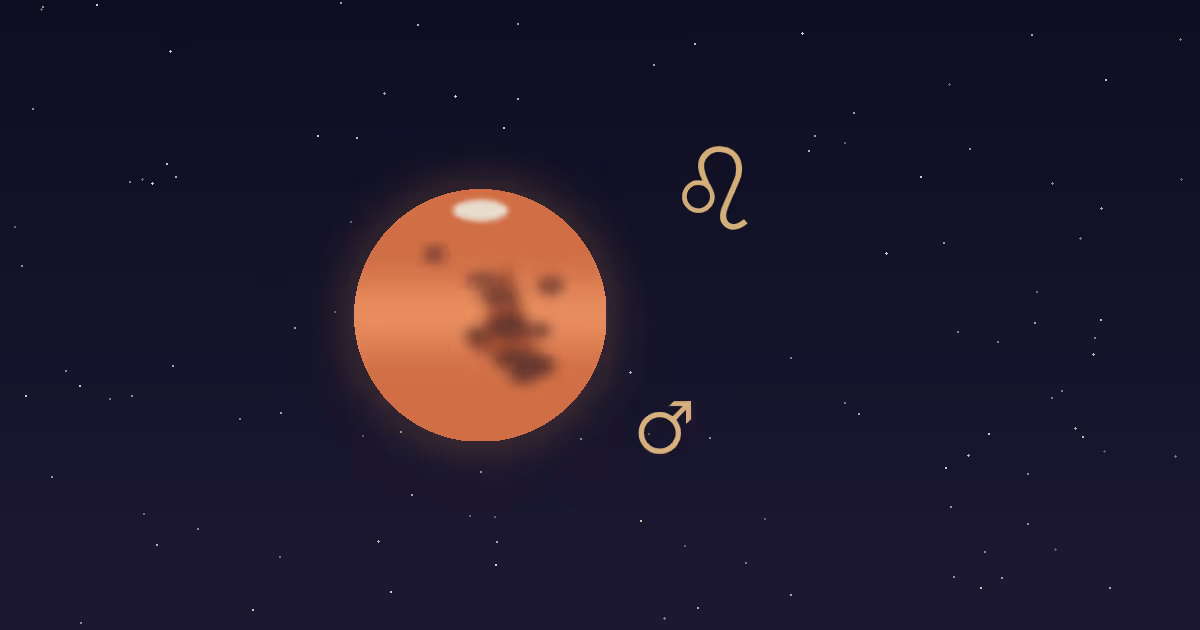 A rust-red Mars disc with darker markings and a small cream polar cap, a gold Mars glyph at its lower right and the gold Leo zodiac glyph at upper right, on a navy starfield