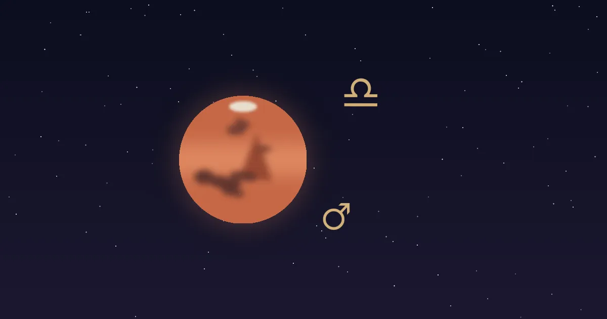A rust-red Mars disc with darker markings and a small cream polar cap, a gold Mars glyph at its lower right and the gold Libra scales glyph at upper right, on a deep navy starfield