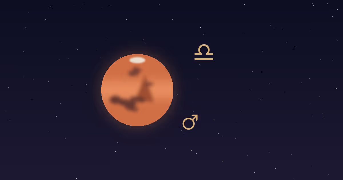 A rust-red Mars disc with darker markings and a small cream polar cap, a gold Mars glyph at its lower right and the gold Libra zodiac glyph at upper right, on a navy starfield