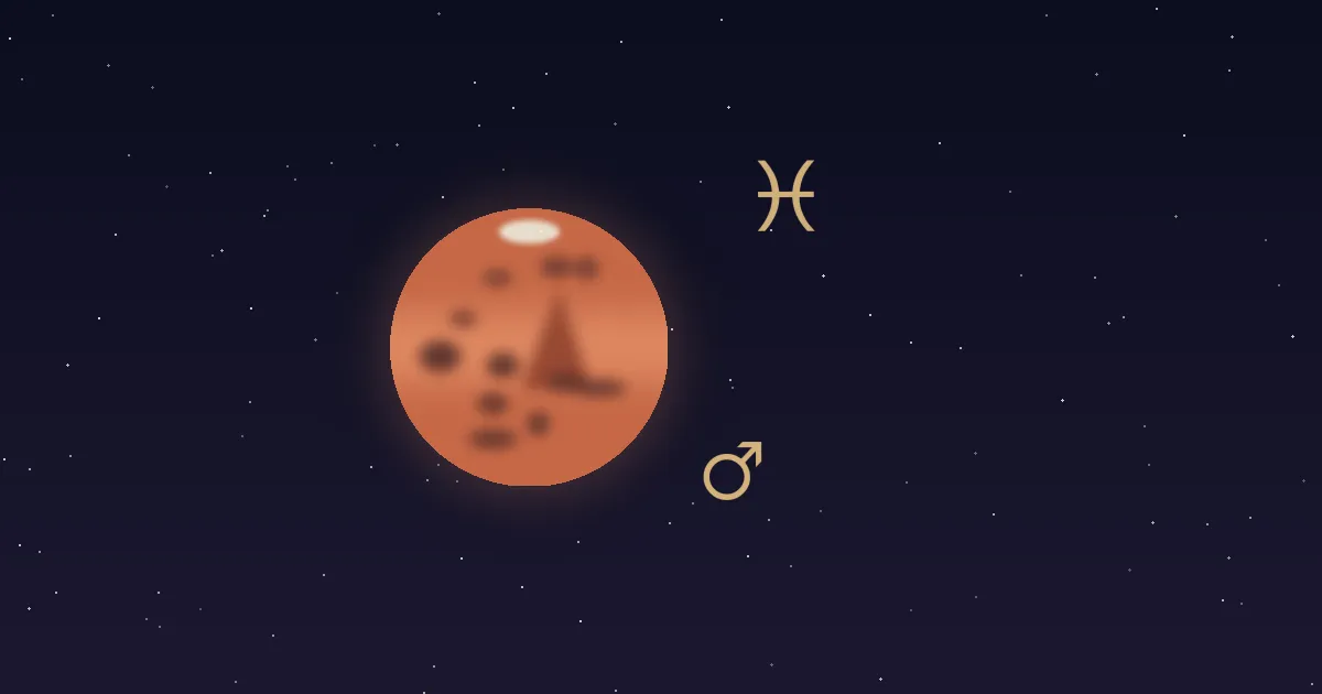 A rust-red Mars disc with darker markings and a small cream polar cap, a gold Mars glyph at its lower right and the gold Pisces fishes glyph at upper right, on a deep navy starfield