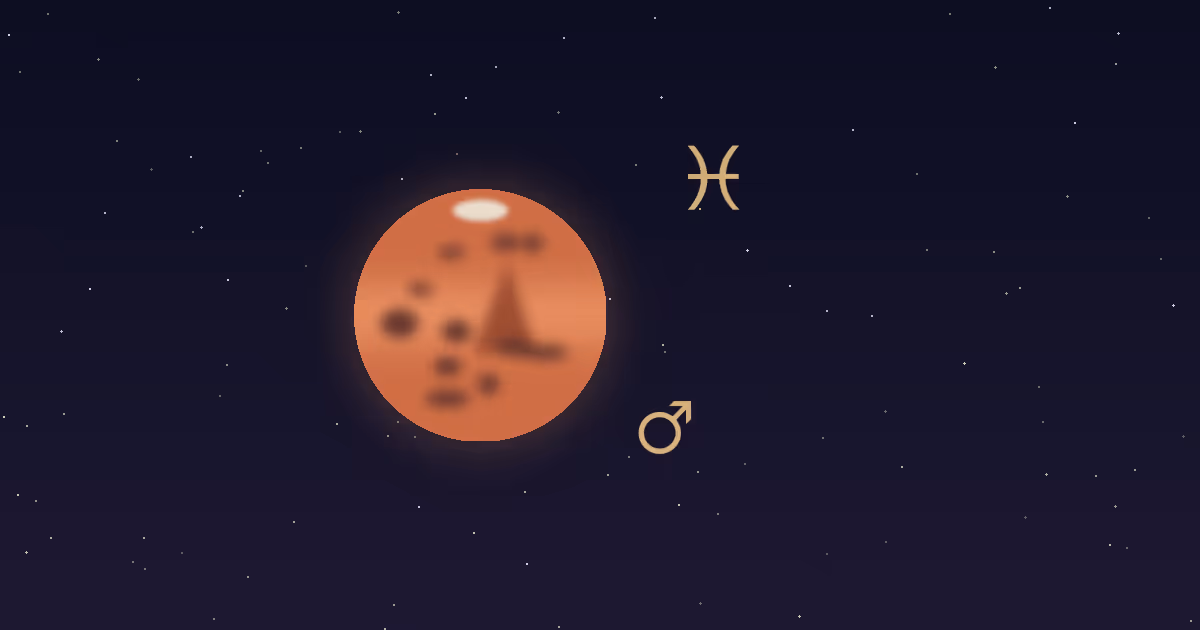 A rust-red Mars disc with darker markings and a small cream polar cap, a gold Mars glyph at its lower right and the gold Pisces zodiac glyph at upper right, on a navy starfield
