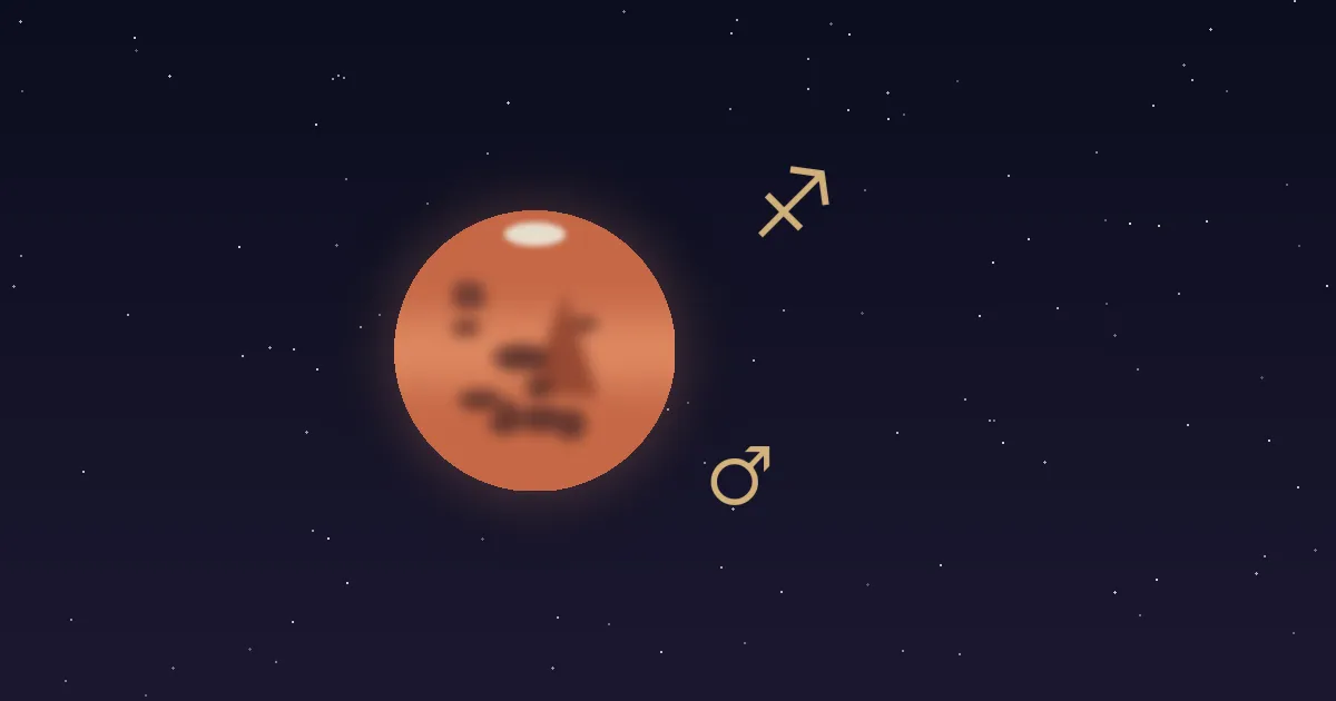 A rust-red Mars disc with darker markings and a small cream polar cap, a gold Mars glyph at its lower right and the gold Sagittarius arrow glyph at upper right, on a deep navy starfield