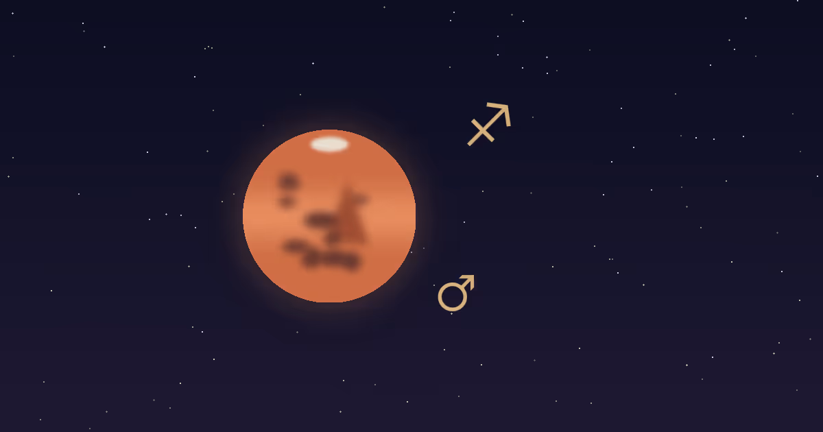 A rust-red Mars disc with darker markings and a small cream polar cap, a gold Mars glyph at its lower right and the gold Sagittarius zodiac glyph at upper right, on a navy starfield