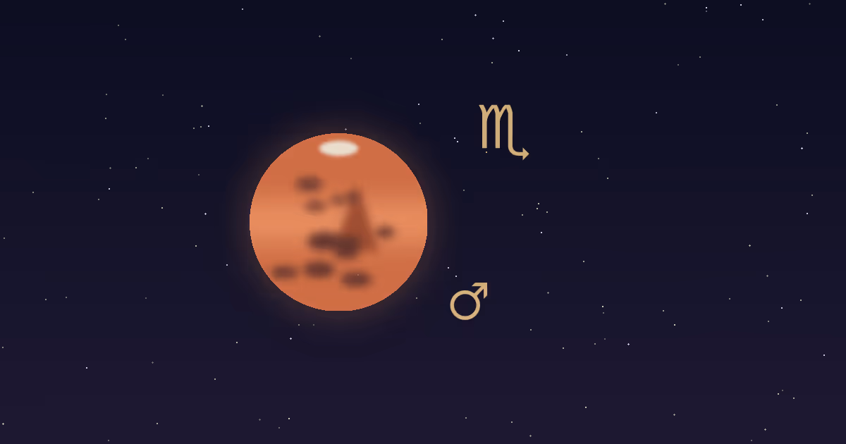 A rust-red Mars disc with darker markings and a small cream polar cap, a gold Mars glyph at its lower right and the gold Scorpio zodiac glyph at upper right, on a navy starfield