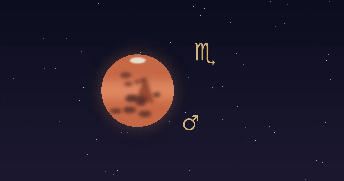 A rust-red Mars disc with darker markings and a small cream polar cap, a gold Mars glyph at its lower right and the gold Scorpio zodiac glyph at upper right, on a deep navy starfield