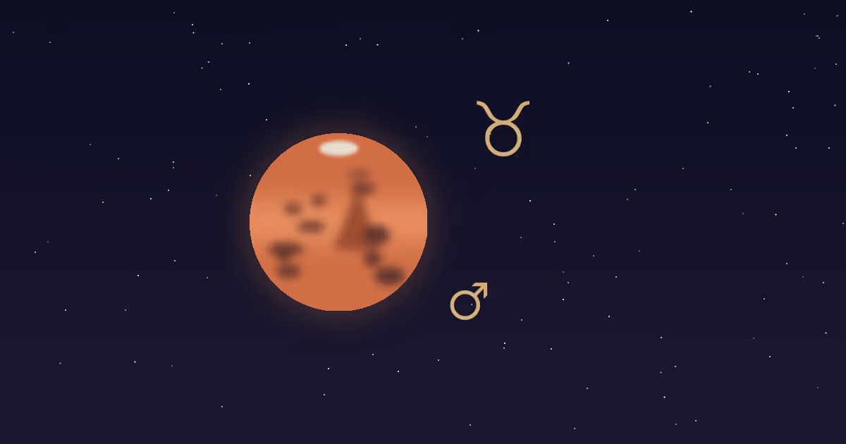 A rust-red Mars disc with darker markings and a small cream polar cap, a gold Mars glyph at its lower right and the gold Taurus zodiac glyph at upper right, on a navy starfield