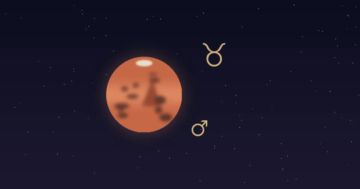 A rust-red Mars disc with darker markings and a small cream polar cap, a gold Mars glyph at its lower right and the gold Taurus bull glyph at upper right, on a deep navy starfield