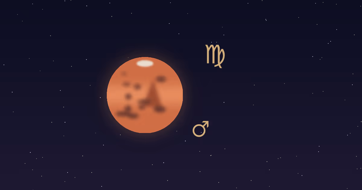 A rust-red Mars disc with darker markings and a small cream polar cap, a gold Mars glyph at its lower right and the gold Virgo zodiac glyph at upper right, on a navy starfield
