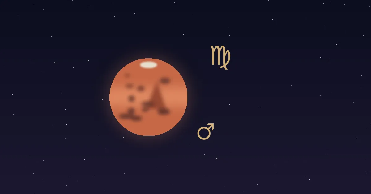 A rust-red Mars disc with darker markings and a small cream polar cap, a gold Mars glyph at its lower right and the gold Virgo zodiac glyph at upper right, on a deep navy starfield